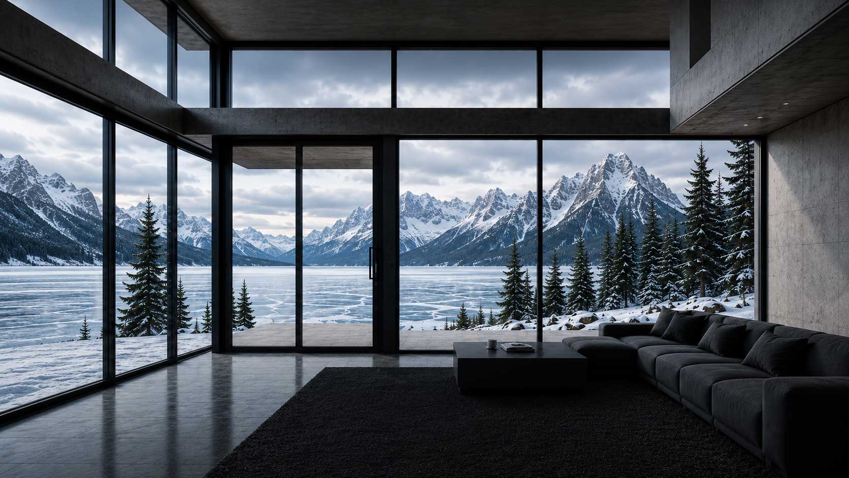 Floor to ceiling Vault windows with a mountain view