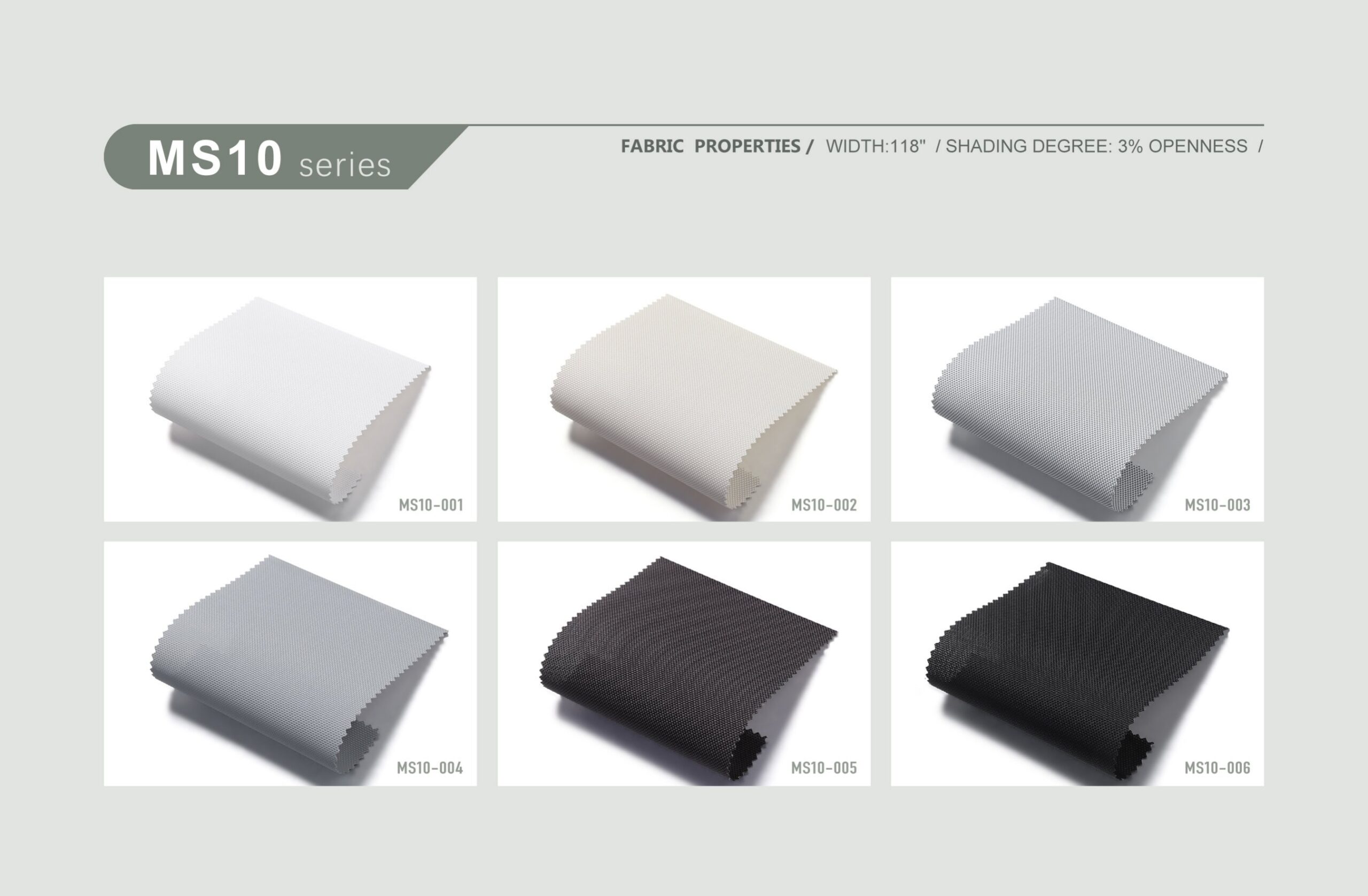 Real MS10 Roller Shades Sunscreen samples from the verified product brochure