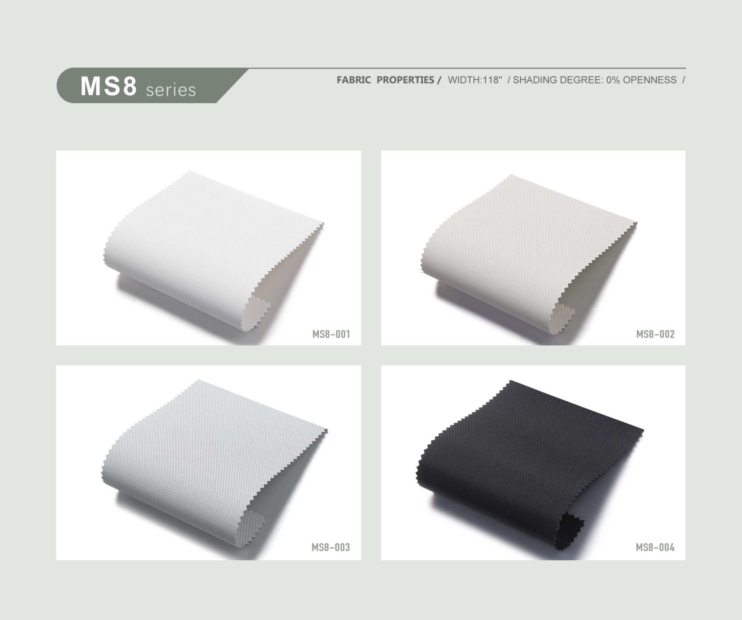 Real MS8 Roller Shades Sunscreen samples from the verified product brochure