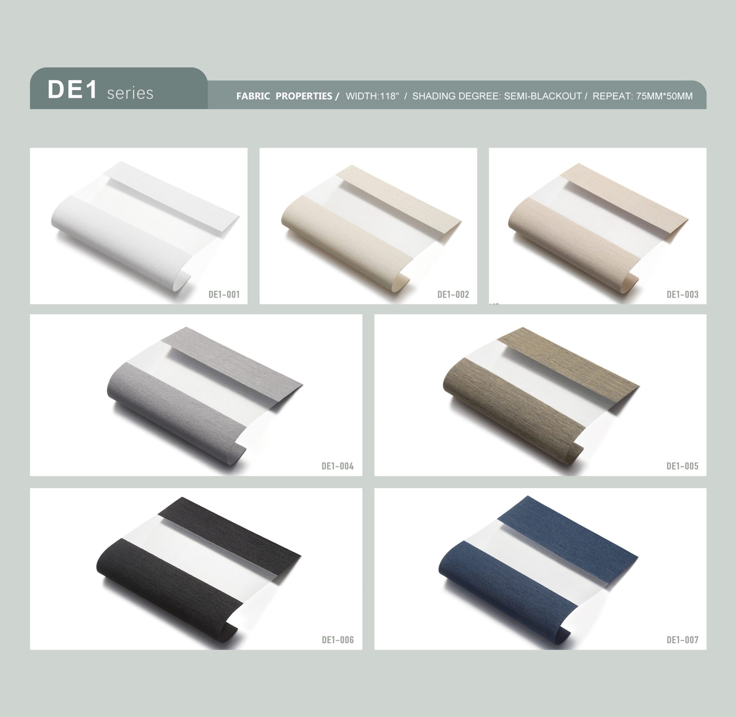 Real DE1 Zebra Blinds Semi-Blackout samples from the verified product brochure