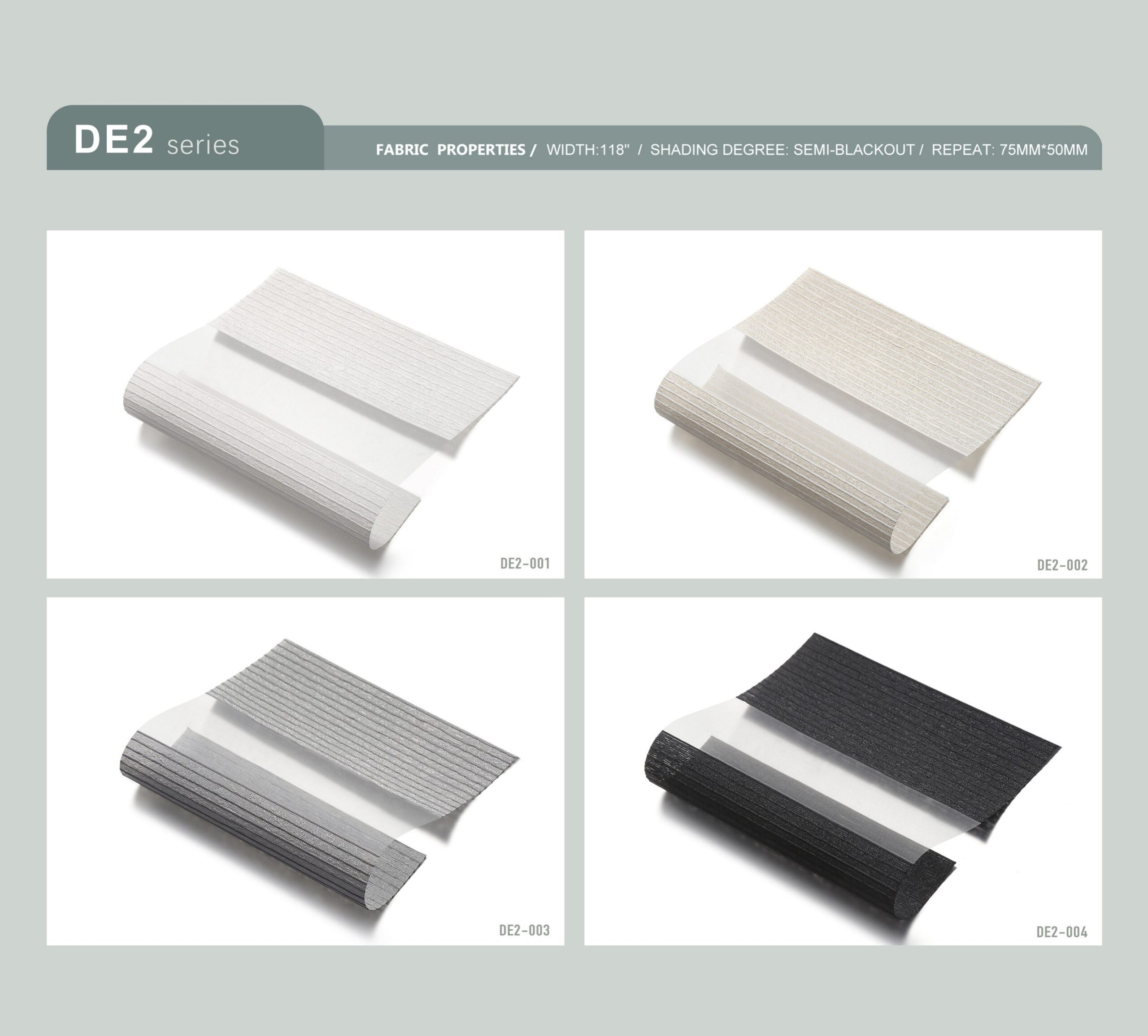 Real DE2 Zebra Blinds Semi-Blackout samples from the verified product brochure