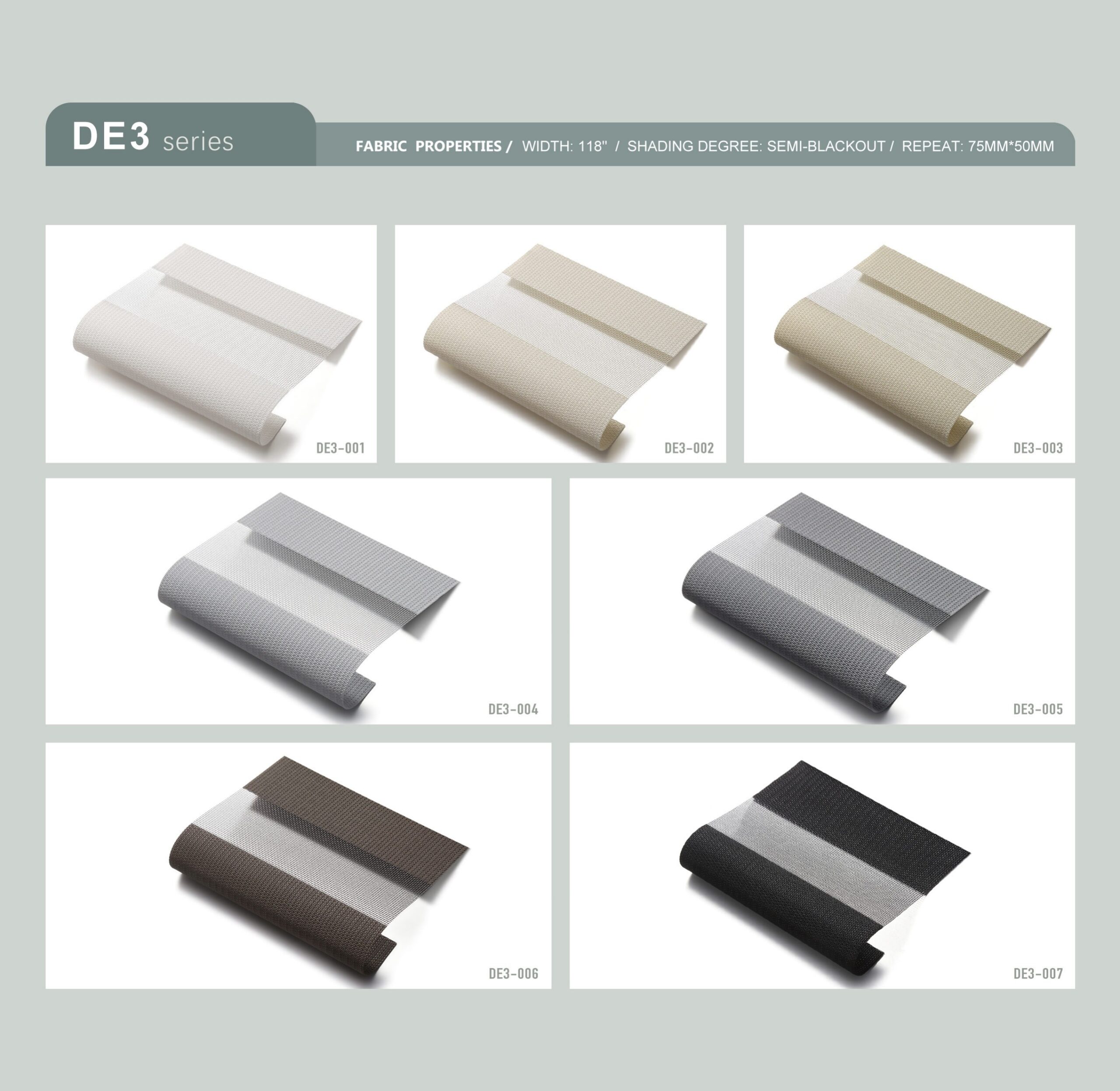 Real DE3 Zebra Blinds Semi-Blackout samples from the verified product brochure