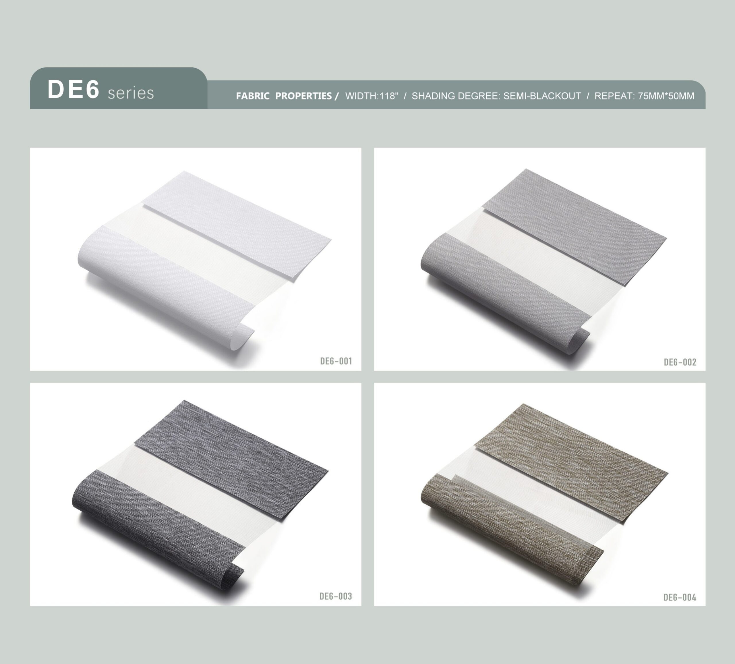 Real DE6 Zebra Blinds Semi-Blackout samples from the verified product brochure