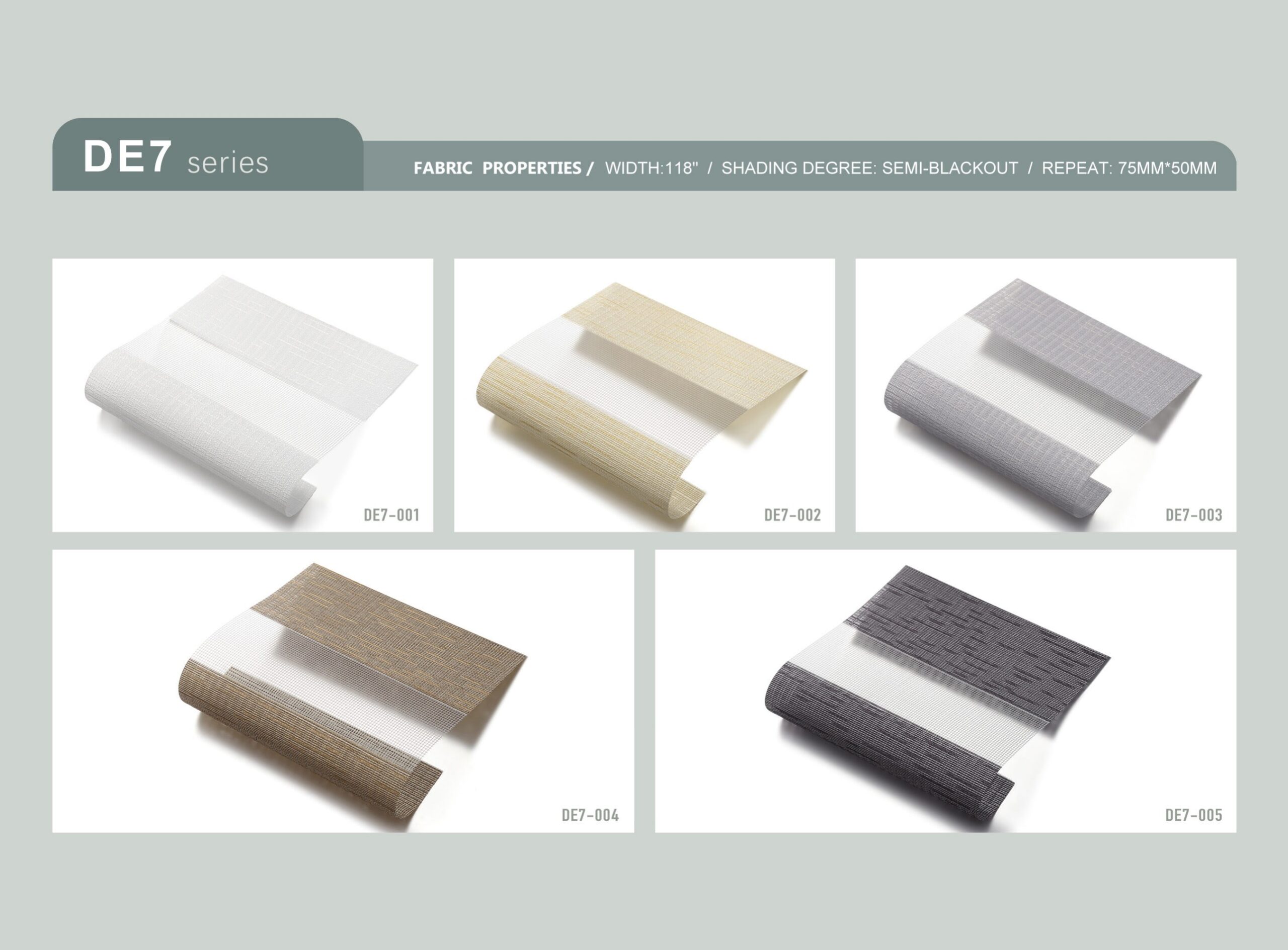 Real DE7 Zebra Blinds Semi-Blackout samples from the verified product brochure